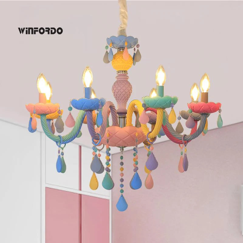 Rainbow Crystal Chandelier European Candle lustres Children's Bedroom Princess Makaron Lamps Winfordo Lighting 110V/220V