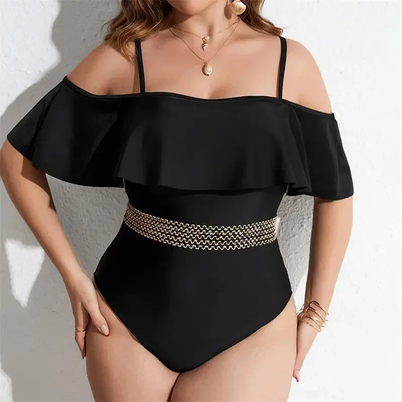 2024 New Women's Fashion Sexy One-piece European and American Swimsuit Solid Color Suspension with Ruffle Plus Size Swimsuit