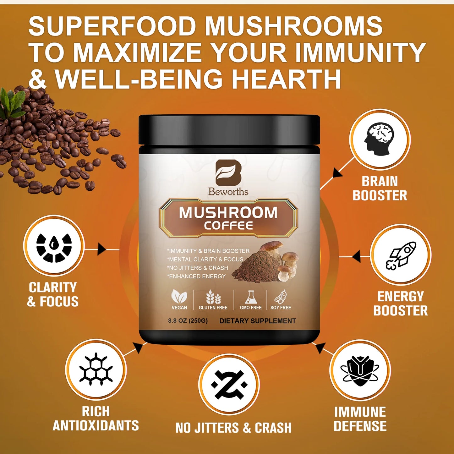 BEWORTHS Lion's Mane Mushroom Coffee Supplement with Reishi,Cordyceps&Turkey Tail-Energy,Mental Clarity&Focus,Brain Booster