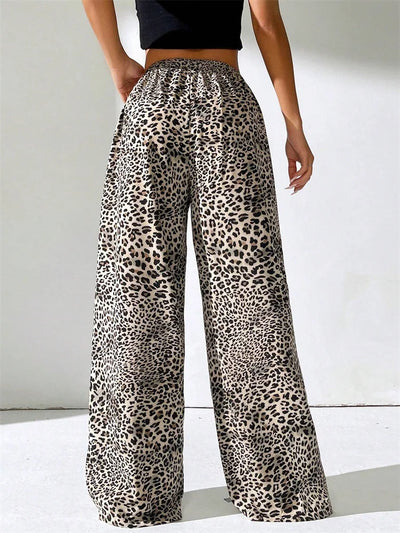 Women's Leopard Printed Drawstring Long Pants Autumn Winter 2024 Vintage Drawstring Elastic Waist Loose Trousers Streetwear