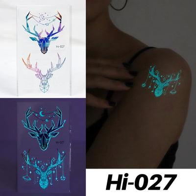 Blue Glowing Tattoo Sticker Luminous Deer Temporary Couple Tattoo Body Art Fluorescent Fake Tattoo For Men And Women 10.5x6CM