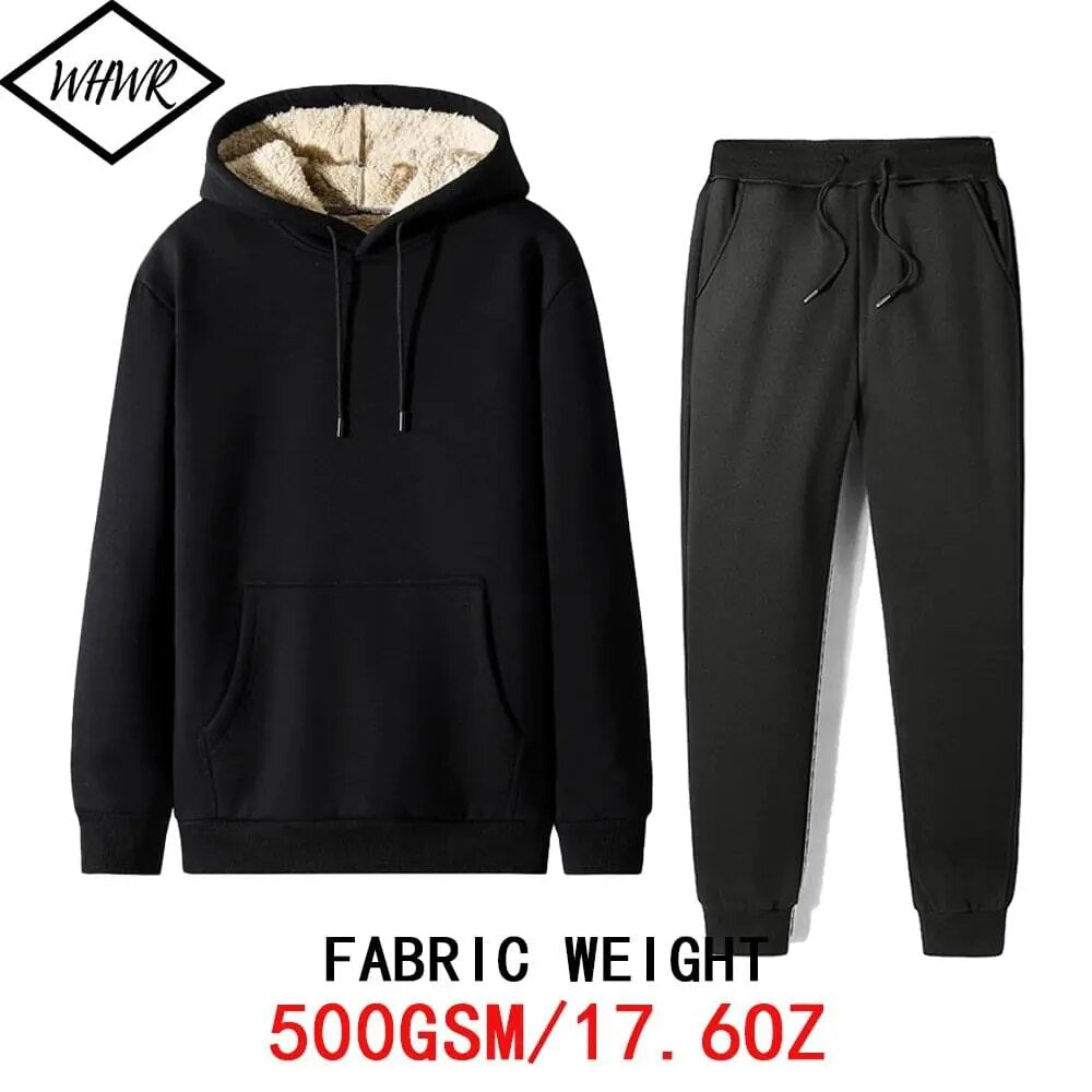 Winter Cashmere Thicken Suit Men's Casual Sports Suit Lambswool Warm Two-piece Set Sportswear Unisex Fleece Hoodies Sweatpants