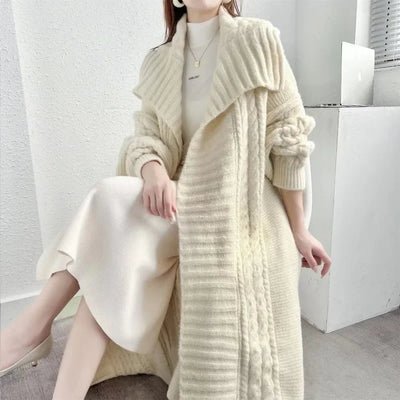 Coat Women Warm Long Knitted Cardigan Loose French Retro Trendy Turn Down Collar Autumn Winter Lazy Style Thick Sweater Jackets