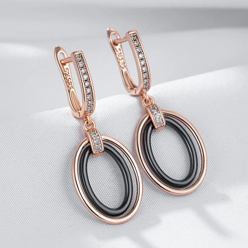 Kinel Hot Oval Black Ceramics Long Drop Earrings For Women 585 Rose Gold Color Natural Zircon Accessories Daily Fine Jewelry