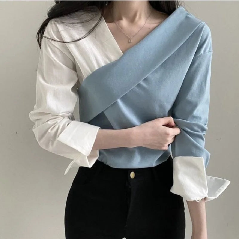 Autumn Women Shirts Long Sleeve Vintage Contrast Patchwork Shirts Women Fashion Streetwear V Neck Ladies Tops Clothing