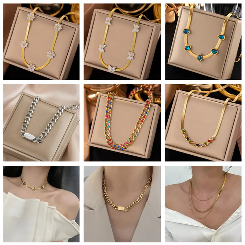 316L Stainless Steel Multiple Different Styles Geometry Zircon Welding Snake Bones Chain Necklace Fashion Exquisite Jewelry