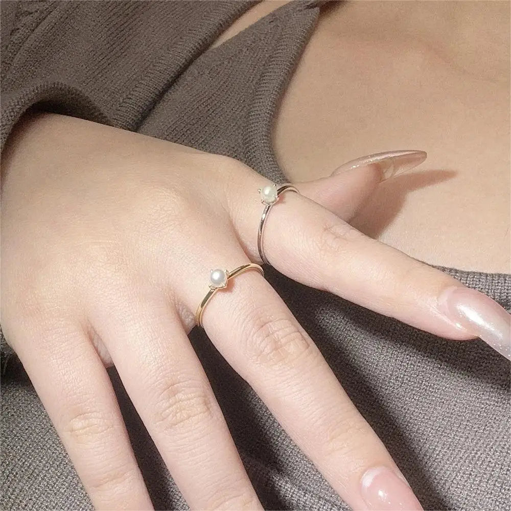 ZHOUYANG Ring For Women Delicate Mini Pearl Thin Ring Minimalist basic Style Light Yellow Gold Color Fashion Jewelry