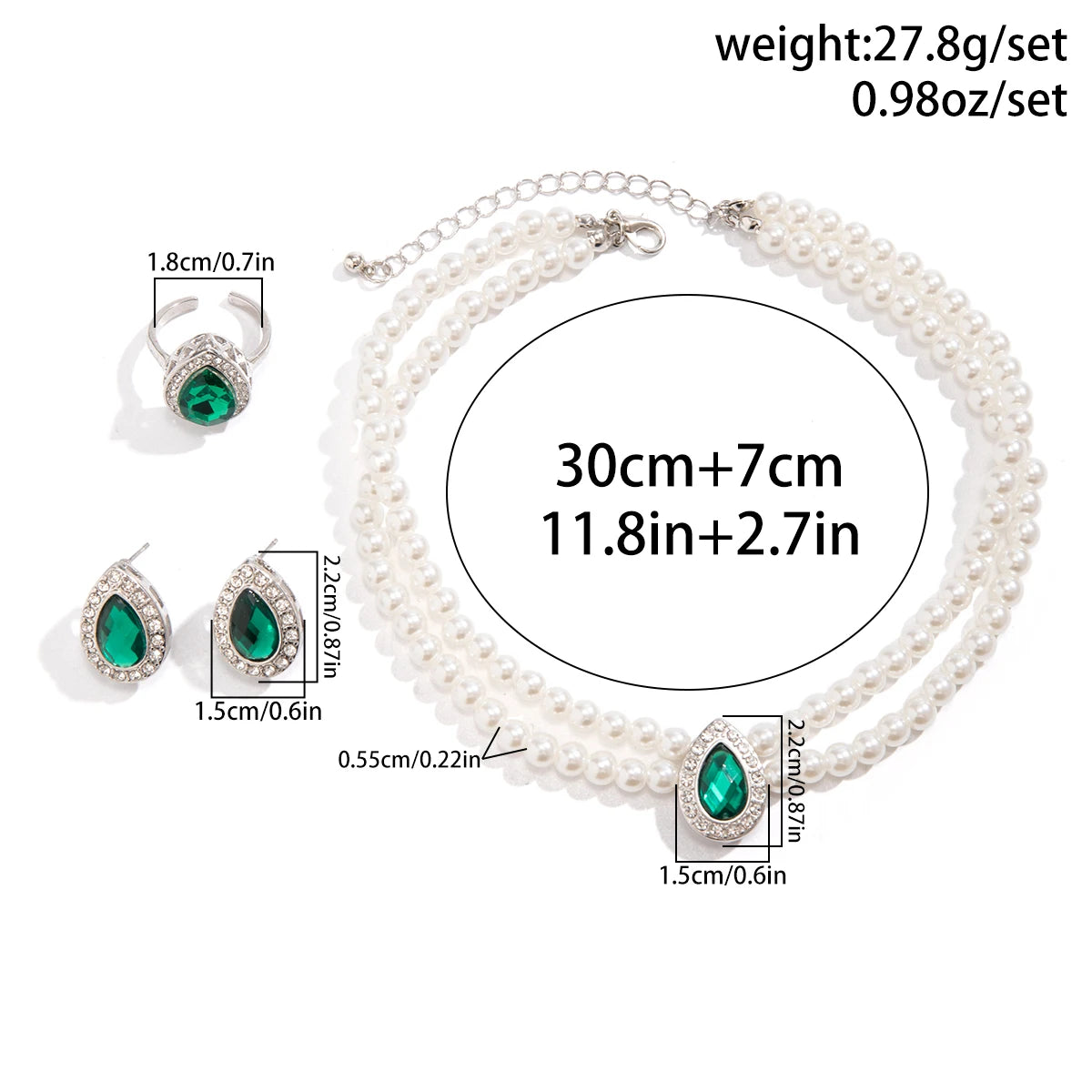 3Pcs Elegant Exquisite Green Rhinestone Imitation Pearl Chain Necklace Stud Earrings for Women Goth Engagement Rings Jewelry Set