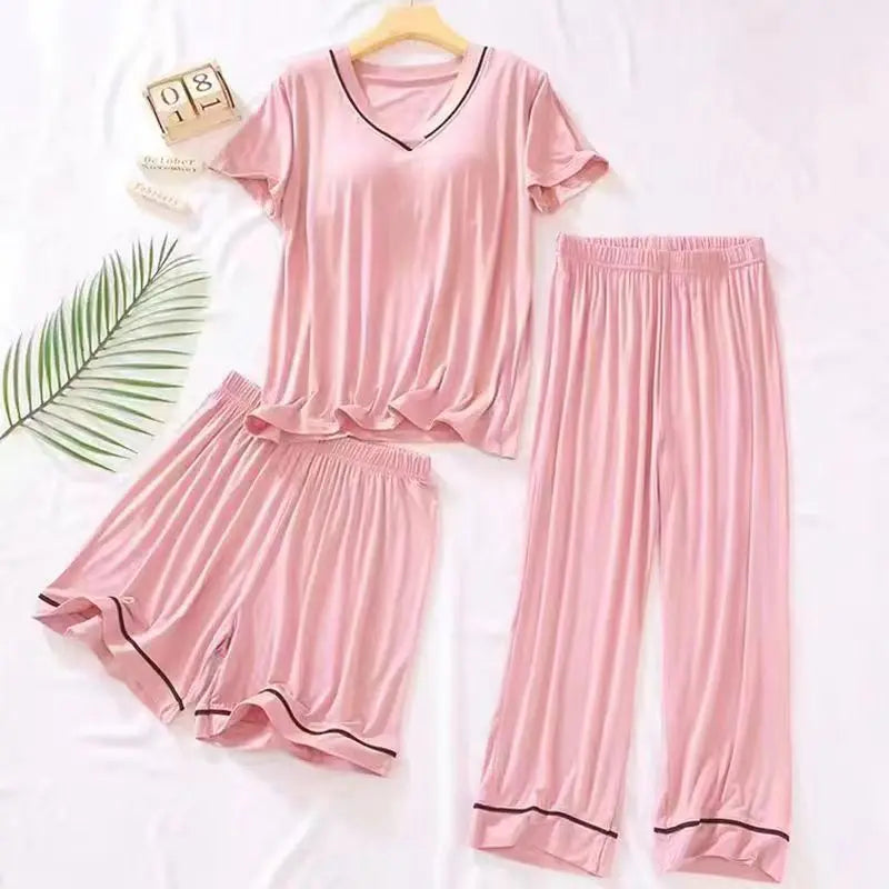 3 Pcs Short Sleeve Ladies Pajamas with Chest Pad Comfortable Pant Women Summer Pajama Sets V-neck Sleepwear Young Girl Style