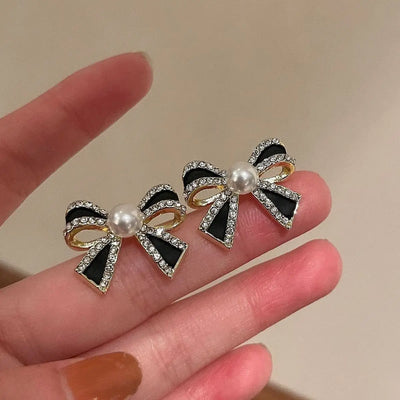 Cute Bow Knot Earrings for Women 2024 Trendy Black Enamel Oil Crystal Pearl Stud Earrings Wedding Party Jewelry Accessories