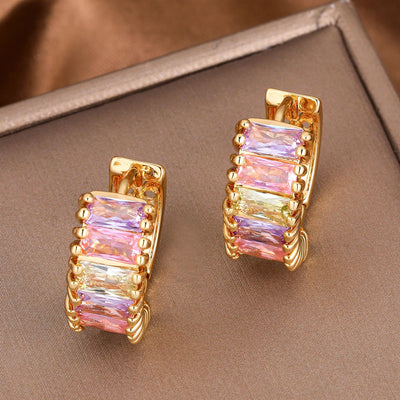 JUWANG Plated 18K Gold Hollow Color Zircon Temperament Design Earrings Women Exquisite Simple Jewelry Party Luxury Accessories