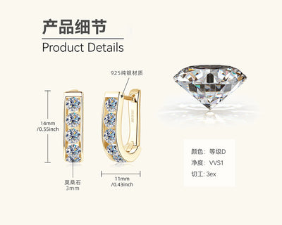 3mm Real D Color 10 Stones Full Moissanite U Shape Earrings For Women 100% S925 Sterling Silver Party Gift Fine Jewelry