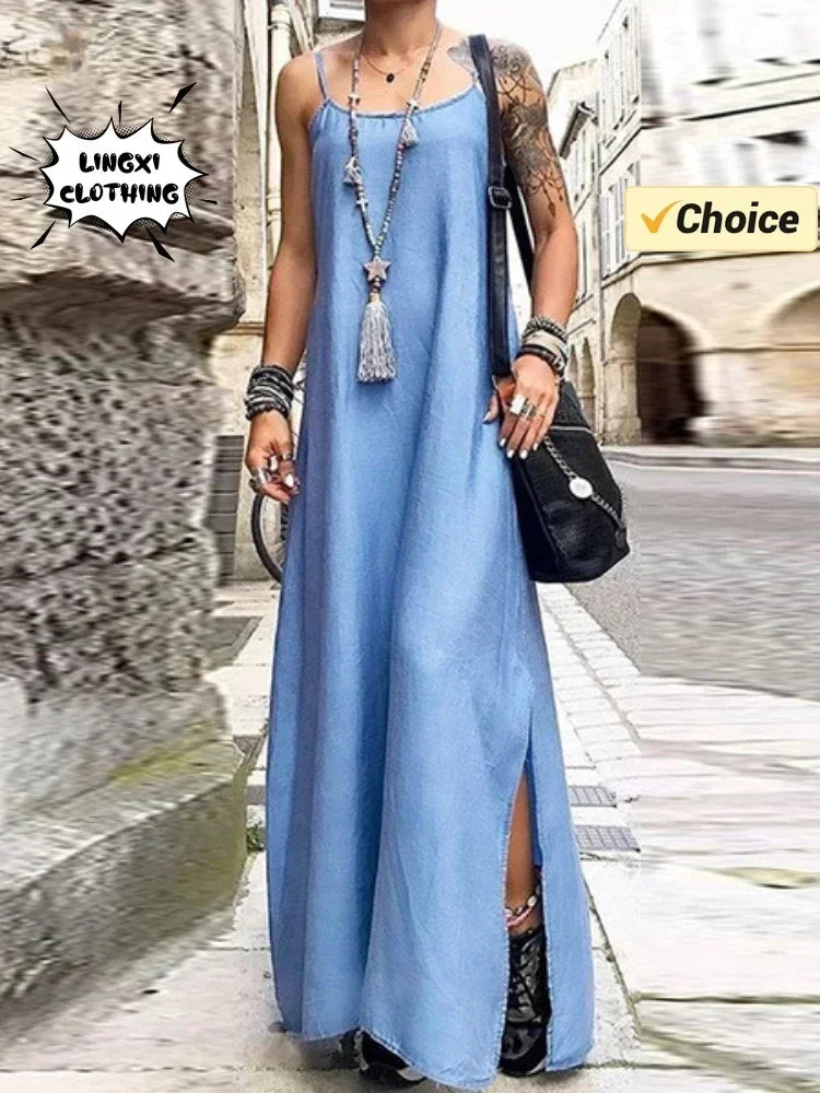 2024 Summer Fashion New Elegant Women's Denim Suspender Sexy Casual Temperament Split A-line Vacation Dress