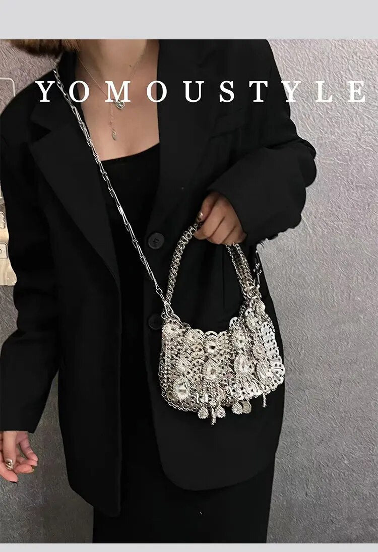 Shiny Metal Handmade Woven Handbag Crystal Rhinestone Diamond Evening Bag Dinner Party Clutch Purse Women Shoulder Crossbody Bag