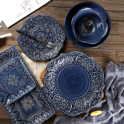 Vintage Baroque Plate Irregular Underglaze Color Style Dinner Plates Steak Pasta Bread Sandwich Fruit Salad Dessert Bowl Set