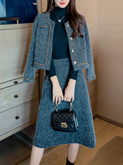 Tweed Two Piece Sets Womens Outifits Fashion Elegant Long Sleeve O Neck Coats + High Waisted Skirts Warm 2023 Autumn Winter New