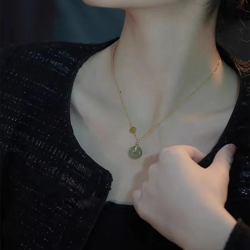 Stainless steel collarbone chain Hetian Jade necklace Copper Coin Fu brand safety buckle Pendant Party jewelry Gift