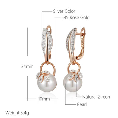 Wbmqda Luxury Pearl Women's Long Drop Earrings 585 Rose Gold Silver Color Ethnic Wedding Party Fine Zircon Jewelry Accessories