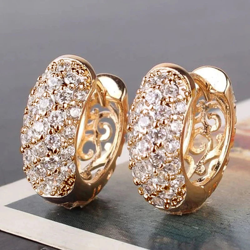 Huitan Women Hoop Earrings with Brilliant Cubic Zirconia Aesthetic Hollow Out Pattern Exquisite Female Earrings Wedding Jewelry