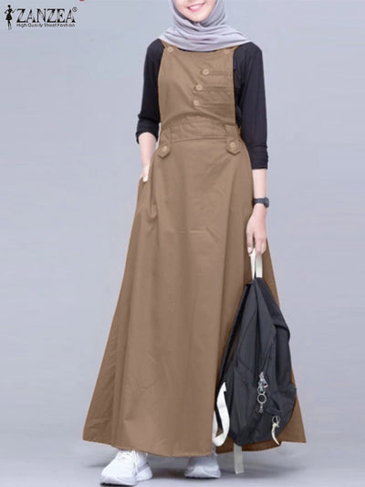 2024 ZANZEA Muslim Maxi Dress Summer Elegant Sleeveless Overalls Dress Women Vintage Work Sundress Islamic Clothing Robe Jilbab