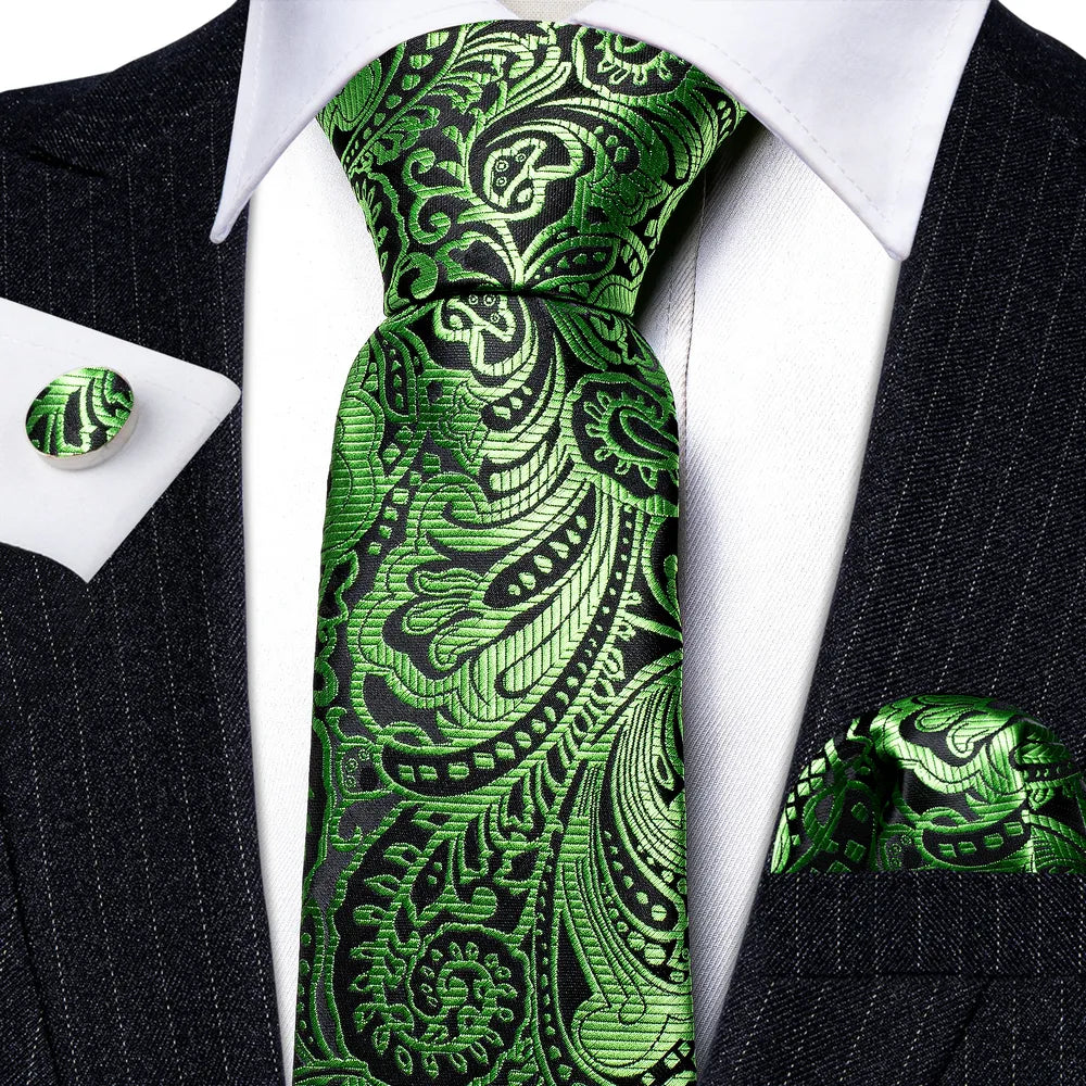 Fashion Silk Men Tie Green Teal Blue Solid Paisley Striped Plaid Floral Animal Necktie Handkerchief Cufflinks Set Barry. Wang