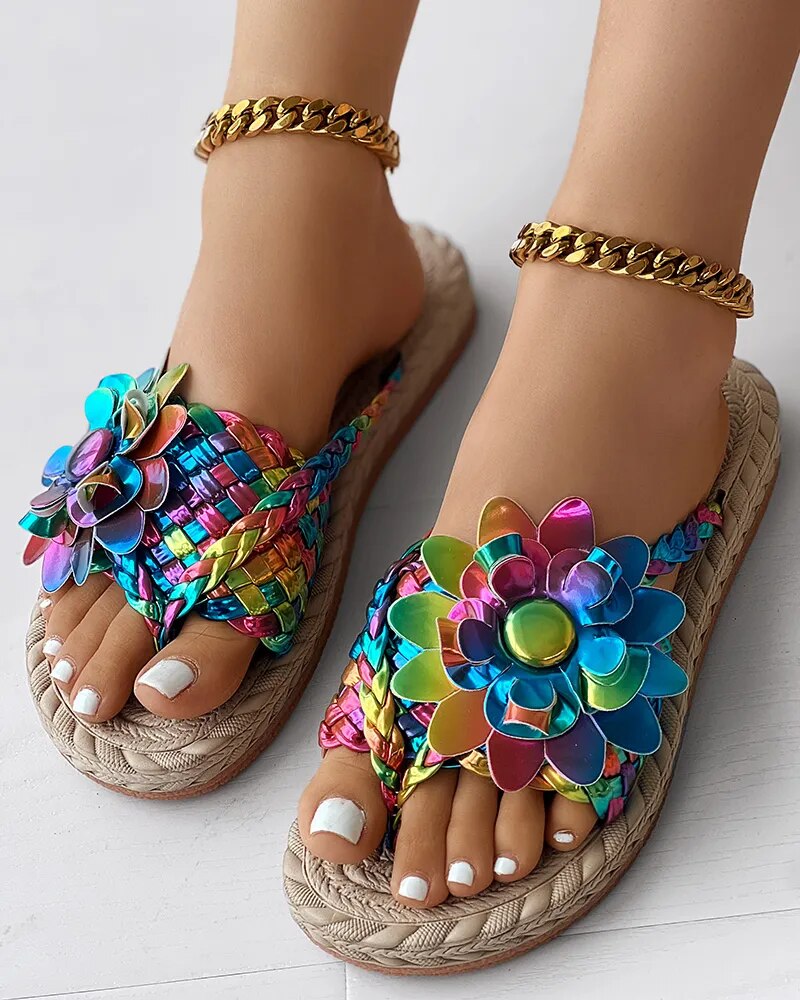 Women Fashion Casual Shoes Flat Vacation Holiday Holographic Braided Floral Pattern Toe Post Beach Flip Flops