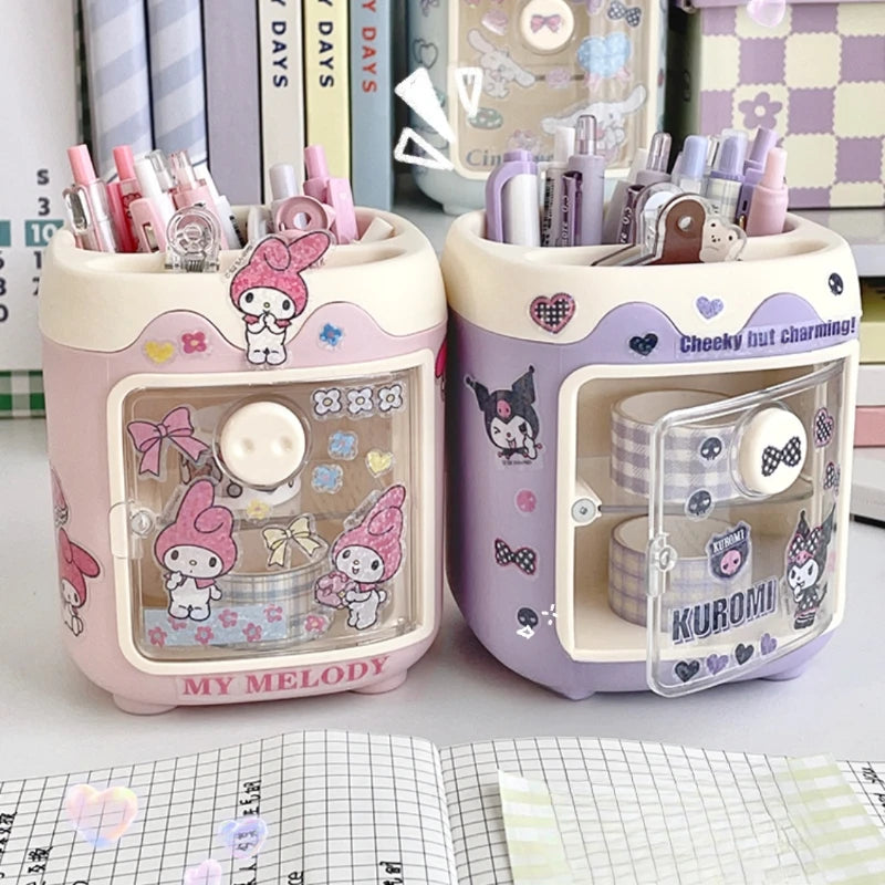 Kawaii Sanrio Kuromi Diy Pen Holder Desk Organizer Cartoon Desktop My Melody Cinnamoroll Sticker Storage Box Makeup Brush Holder