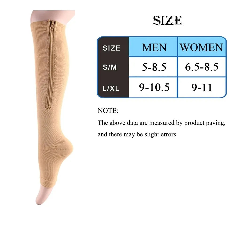 Compression Socks Men Women Support Knee Zipper Female Open Toe Thin Anti Fatigue Stretchy Sox High Socks Unisex