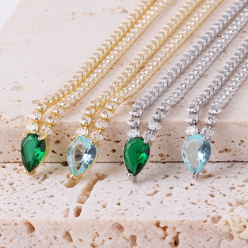 High Quality Iced Out Chain Water Drop Cubic Zirconia Light Blue Necklace for Women 18K Gold Plated Bridal Wedding Party Jewelry