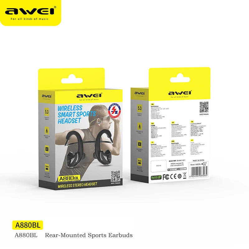 Awei A880BL Sports Headset CVC6.0 Noise Canceling Earbuds Hifi Wireless Bluetooth Headphones Air Conduction Bluetooth Earphones