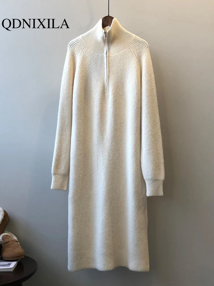 Womens Dresses Lazy Style Zipper Long Sleeve Mid Length Solid Color Knitted Dress 2023 Autumn Winter New in Clothes for Women