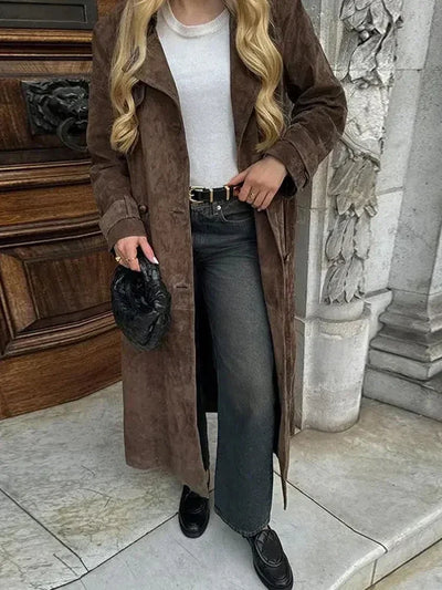 Women Elegant VintageLoose Long Sleeve Single Breasted Coats Streetwear Solid Adjustable Trench Waist New Autumn Winter Trench