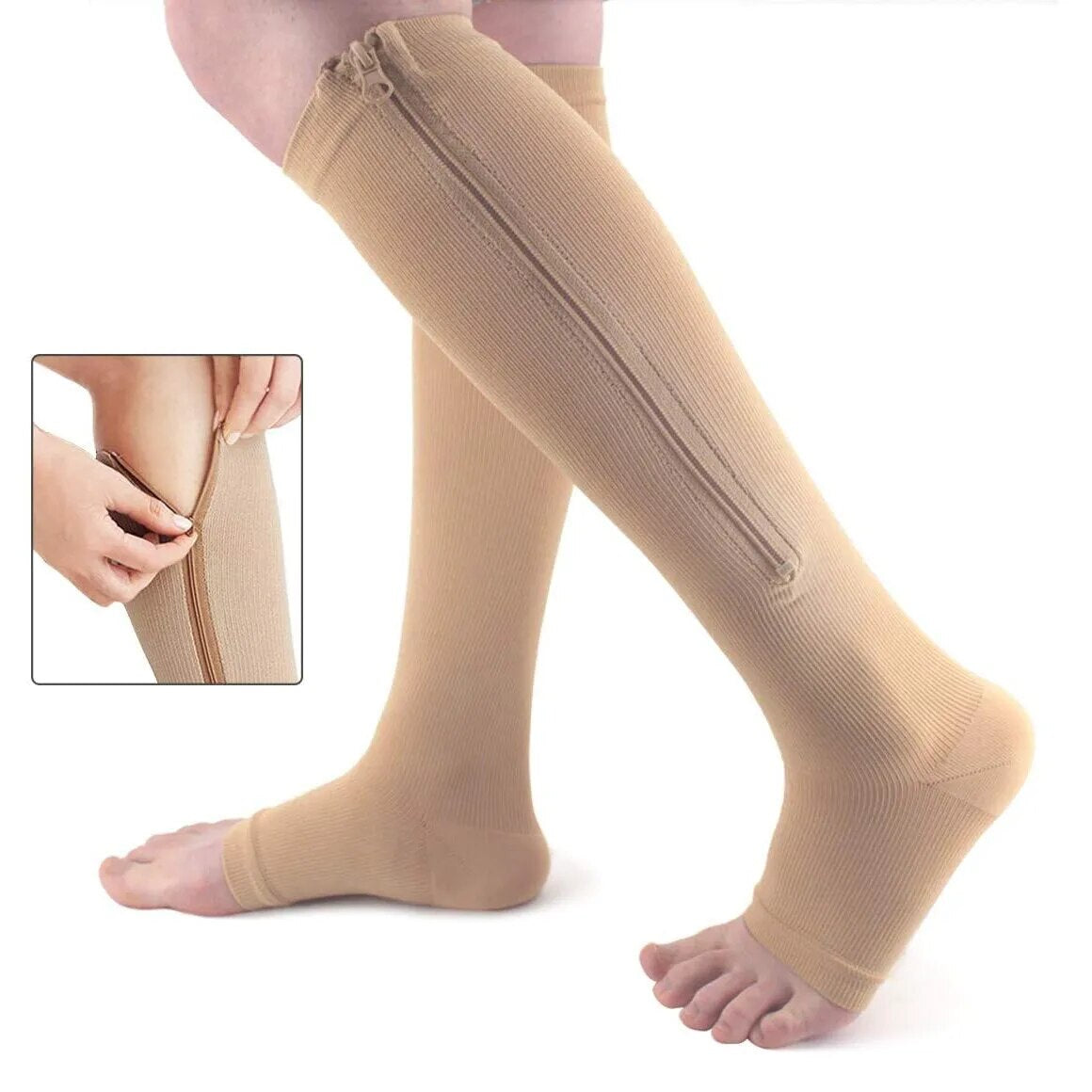 Compression Socks Men Women Support Knee Zipper Female Open Toe Thin Anti Fatigue Stretchy Sox High Socks Unisex