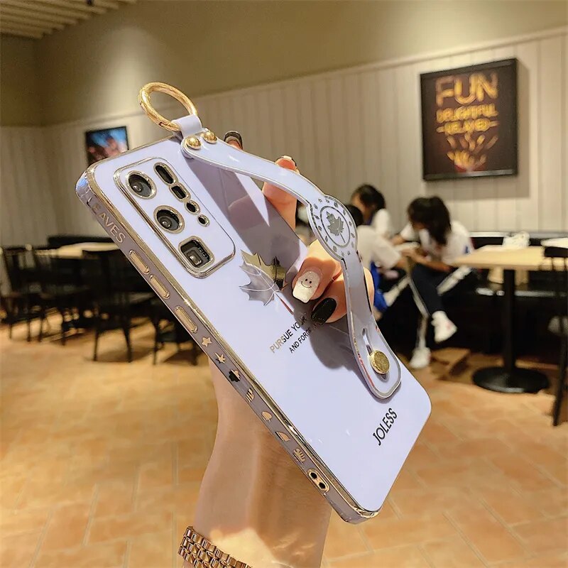 Luxury Plating Maple Wrist Strap Phone Holder Case for Samsung S21 FE S22 S23 Ultra S20 Note 20 10 A32 23 A53 33 52S 51 71 50 31