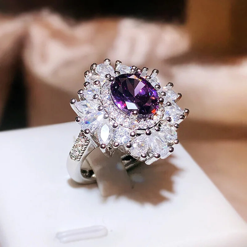 925 Silver New Model Amethyst Opening Ring Female Bling Bling Long Pillow Shape Deep Purple Zircon Full Diamond Ring Bridal Gift