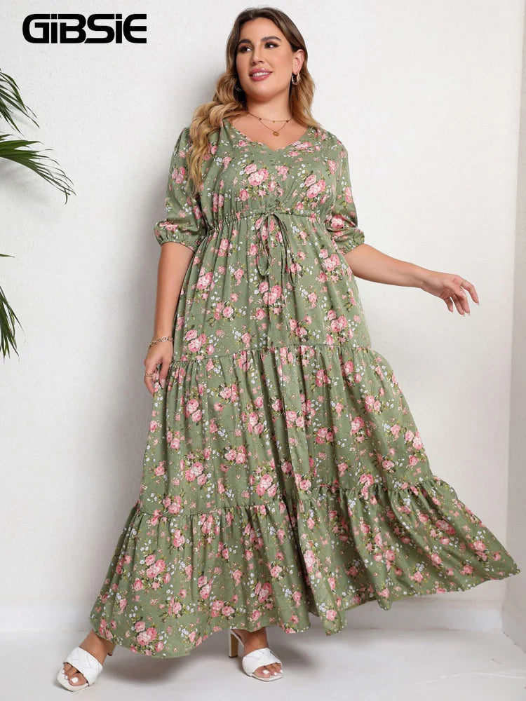 GIBSIE Plus Size Floral Print Knot Front Ruffle Hem Summer Dress Women Vacation Boho Puff Sleeve Split A-line Maxi Long Dresses