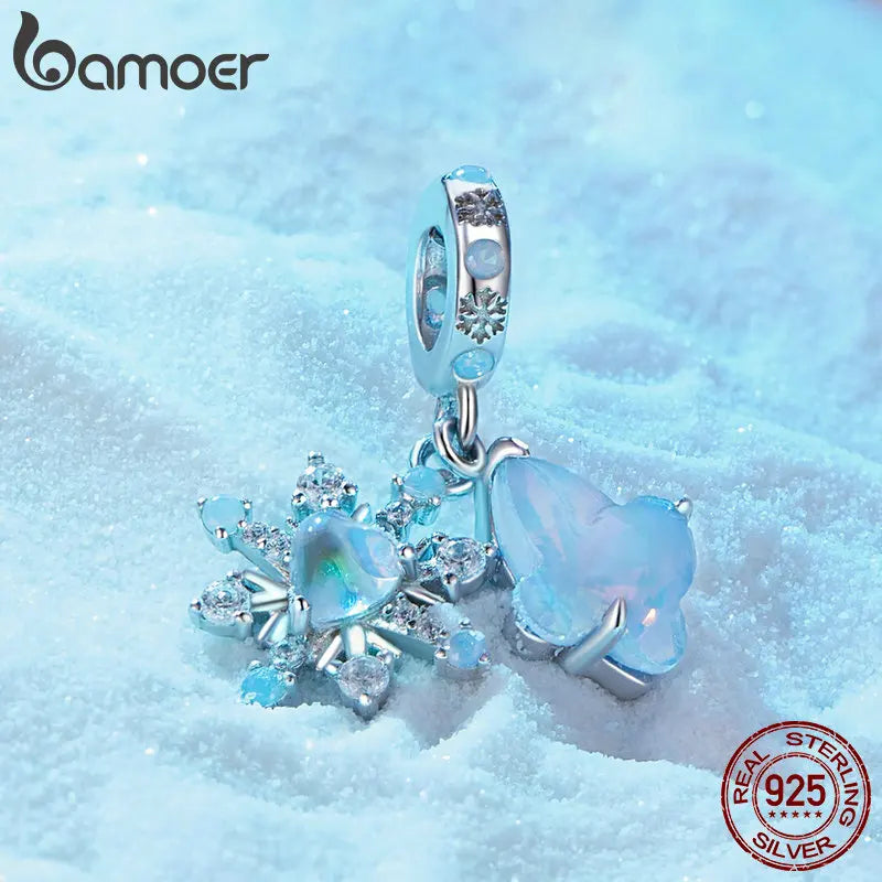 Bamoer 925 Sterling Silver Snow Butterfly Heart Love Charm Pendant Ice Flower Beads Women Fit Bracelet DIY Necklace Jewelry Gift