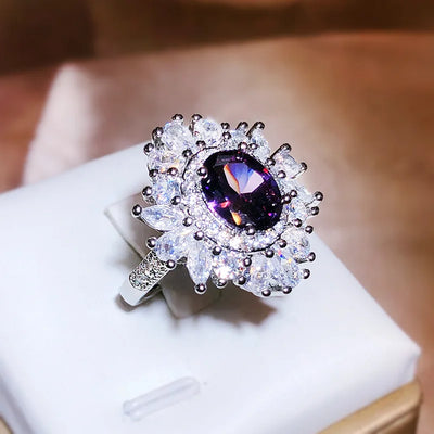 925 Silver New Model Amethyst Opening Ring Female Bling Bling Long Pillow Shape Deep Purple Zircon Full Diamond Ring Bridal Gift