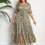 GIBSIE Plus Size Floral Print Knot Front Ruffle Hem Summer Dress Women Vacation Boho Puff Sleeve Split A-line Maxi Long Dresses