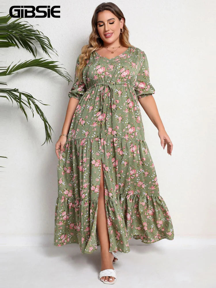 GIBSIE Plus Size Floral Print Knot Front Ruffle Hem Summer Dress Women Vacation Boho Puff Sleeve Split A-line Maxi Long Dresses