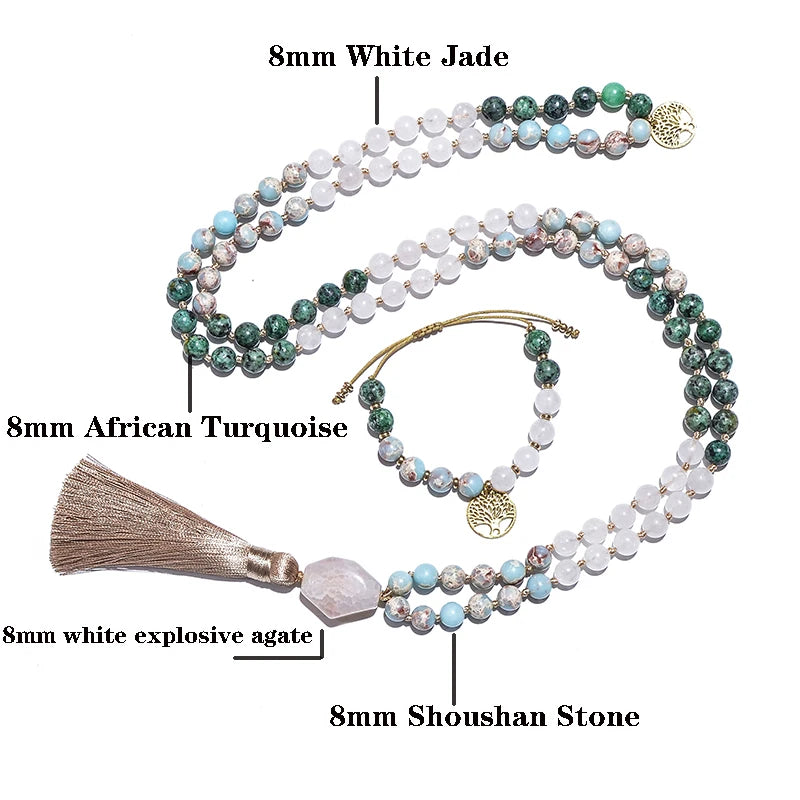 8mm White Jade African Turquoise Emperor Jasper Beads Knotted Japamala Necklace Meditation Yoga Jewelry Set 108 Mala Rosary