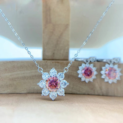 925 Sterling Silver Jewelry Set 1 Carat Red Sunflower Moissanite Diamond Necklace Ring Earrings Bridal Jewelry Sets for Women