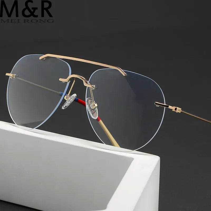 Double Beam Rimless Glasses for Men Women Oversized Anti Blue Light Eyeglasses Flat Mirror Optical Prescription Glasses Frame