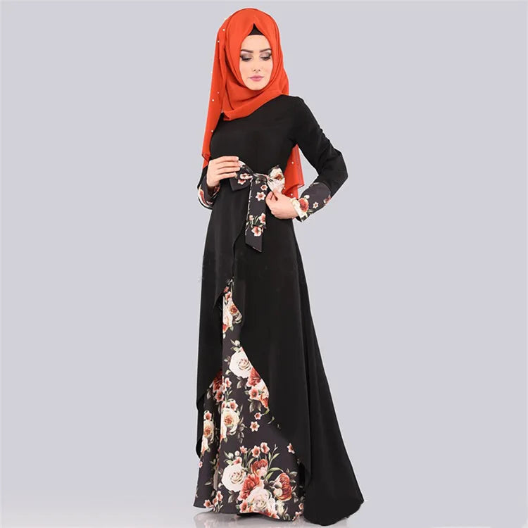 Women Muslim Dress Muslim Fashion Abaya Dubai Flowers Elegant Temperament Print Long Dress Bow Abaya Turkey Saudi Arabia Dresses