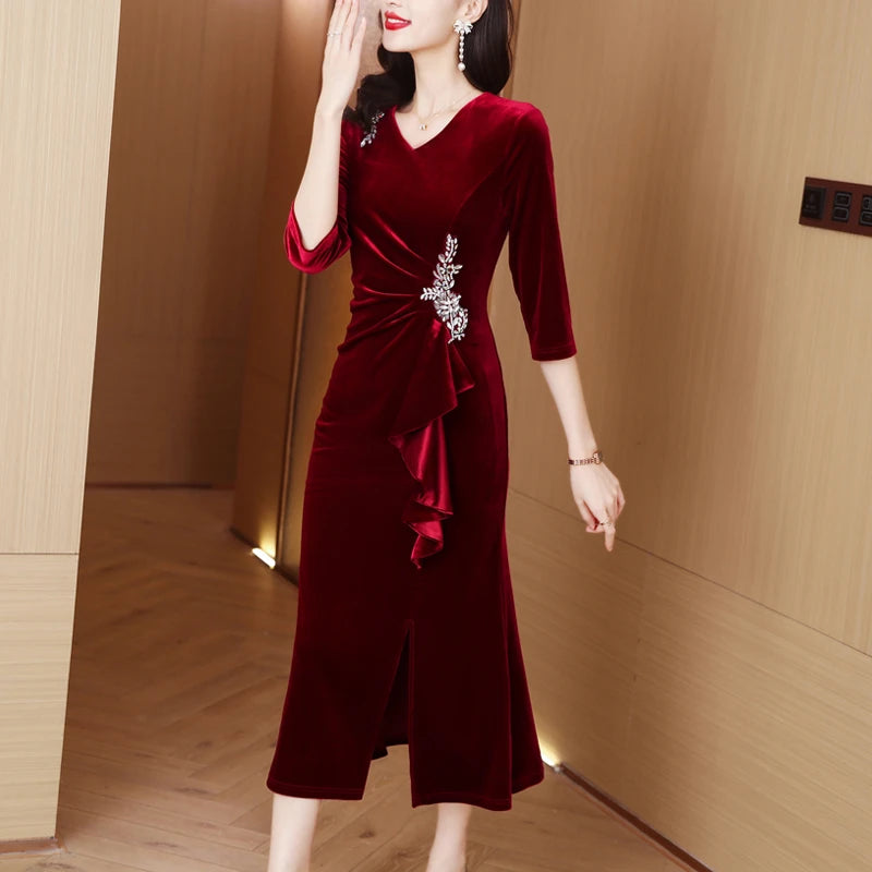 JiuMeiDai 2023 Women Autumn Elegant A-Line Red Velvet Dress Office Lady Diamonds Robe Femme Retro Designer Party Clothing