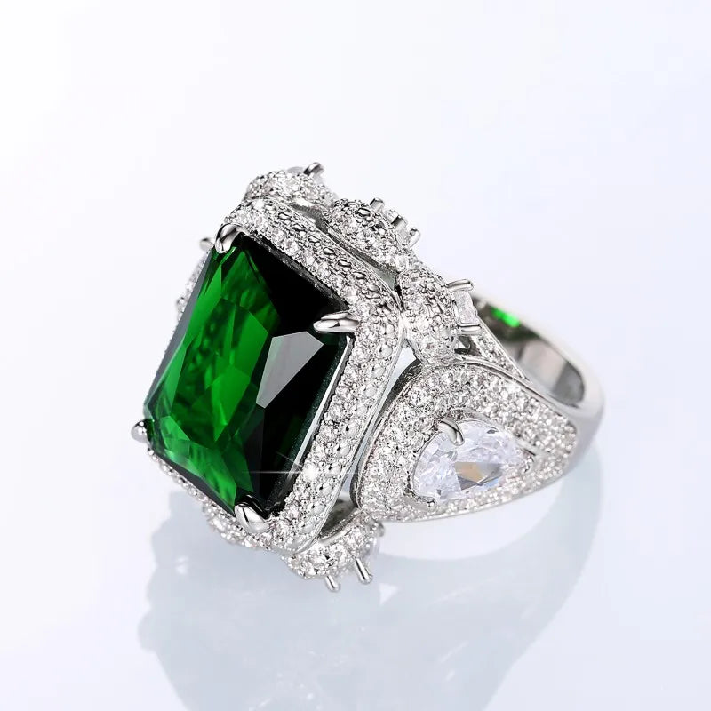 Huitan Hyperbole Square Green Cubic Zirconia Rings Women Wedding Anniversary Party Gorgeous Lady's Special-interested Jewelry