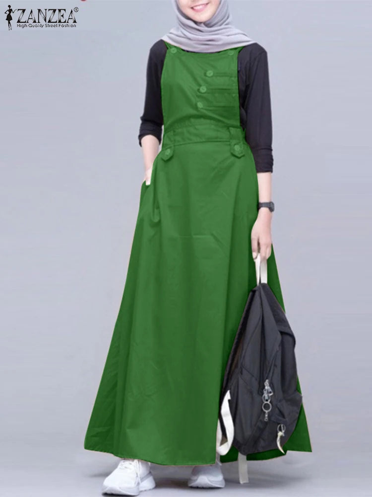 2024 ZANZEA Muslim Maxi Dress Summer Elegant Sleeveless Overalls Dress Women Vintage Work Sundress Islamic Clothing Robe Jilbab