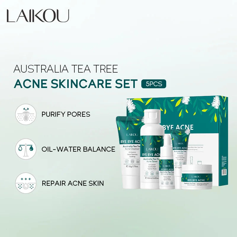 LAIKOU Australia Tea Tree Acne Skincare Five-Piece Set ( Cleanser, Toner, Serum,Gel,Cream), for Oily and Acne-Prone Skin