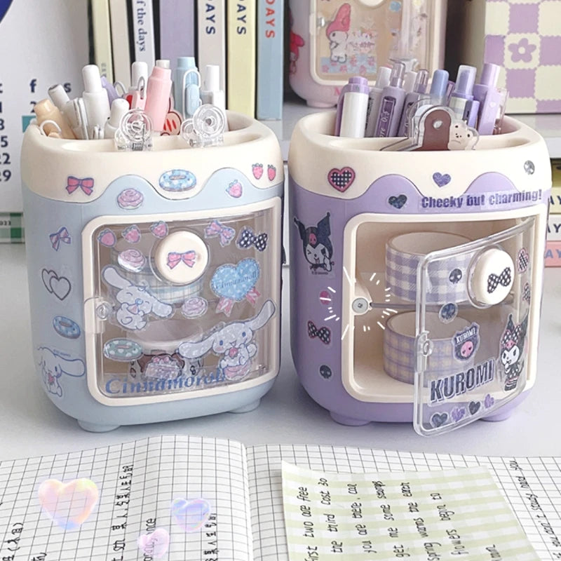 Kawaii Sanrio Kuromi Diy Pen Holder Desk Organizer Cartoon Desktop My Melody Cinnamoroll Sticker Storage Box Makeup Brush Holder