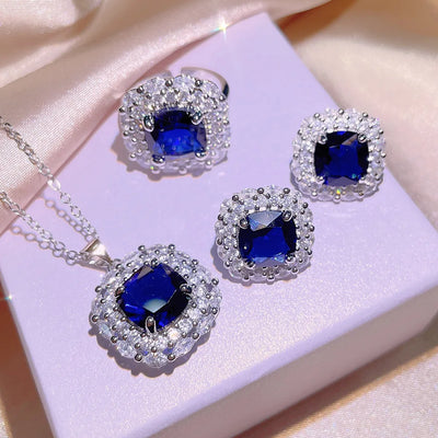 New Vintage Imitation Tanzanite Sapphire Square Jewelry Set 925 Stamp Fashion Jewelry Wedding Party Birthday Gift